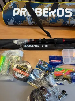 PROBEROS Angelruten Set 2.1m Teleskoprute Angelrolle Köder Schnur Komplett Neu